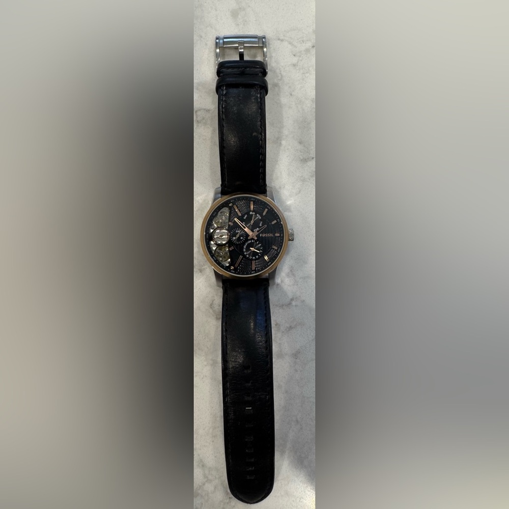 Fossil watch, gold dials and accents- black leather strap
